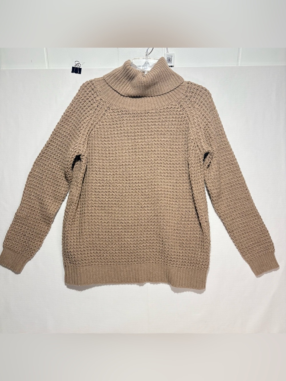 Cozy Casual Camel Cowl-Neck Waffle Knit Sweater